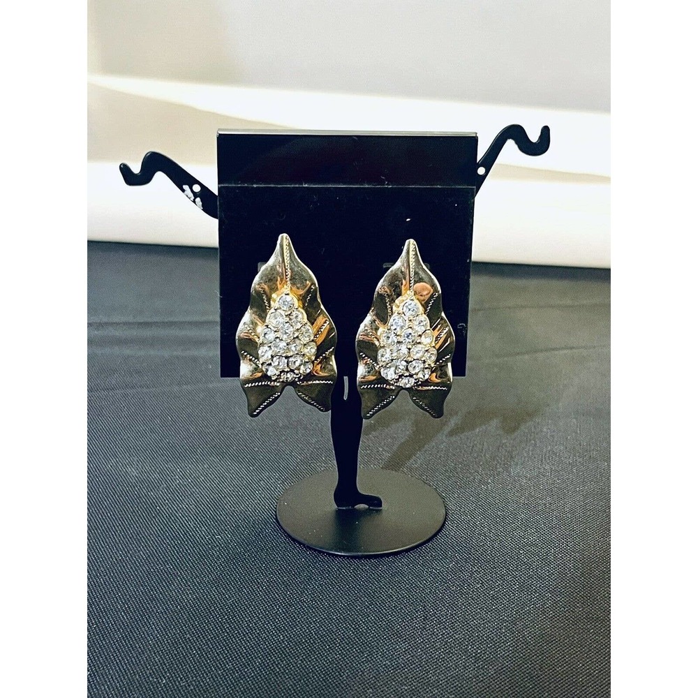 Vintage EmJ Emmons Gold Leaf‎ Rhinestone Earrings